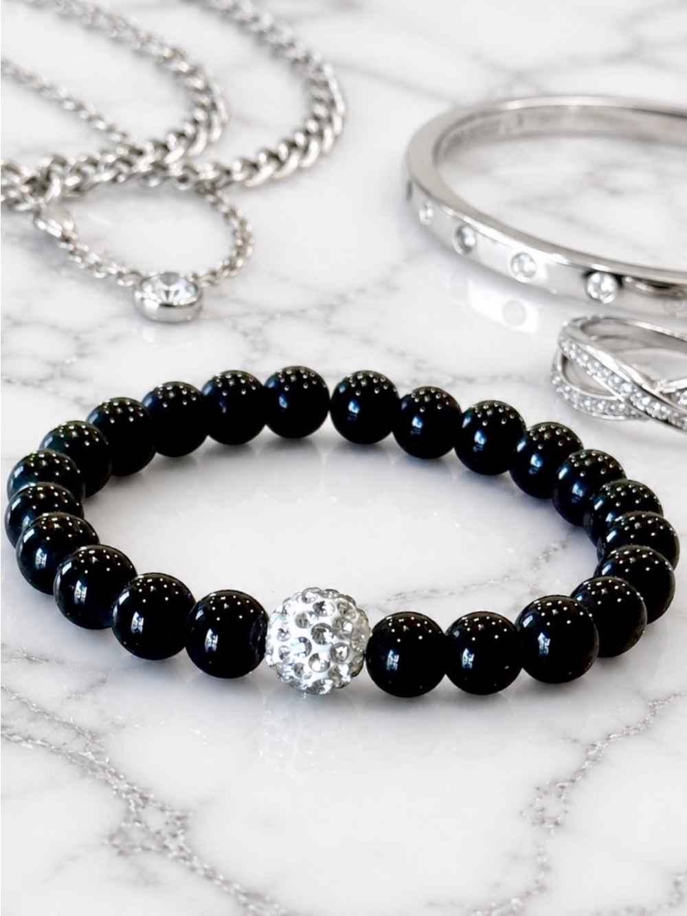 Hand Crafted Black Onyx and Crystal Beaded Bracelet 7”